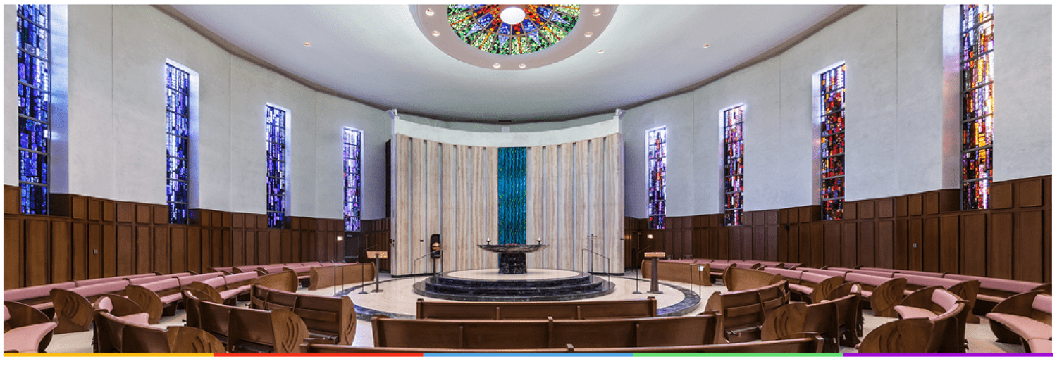 View of chapel with stained glass windows